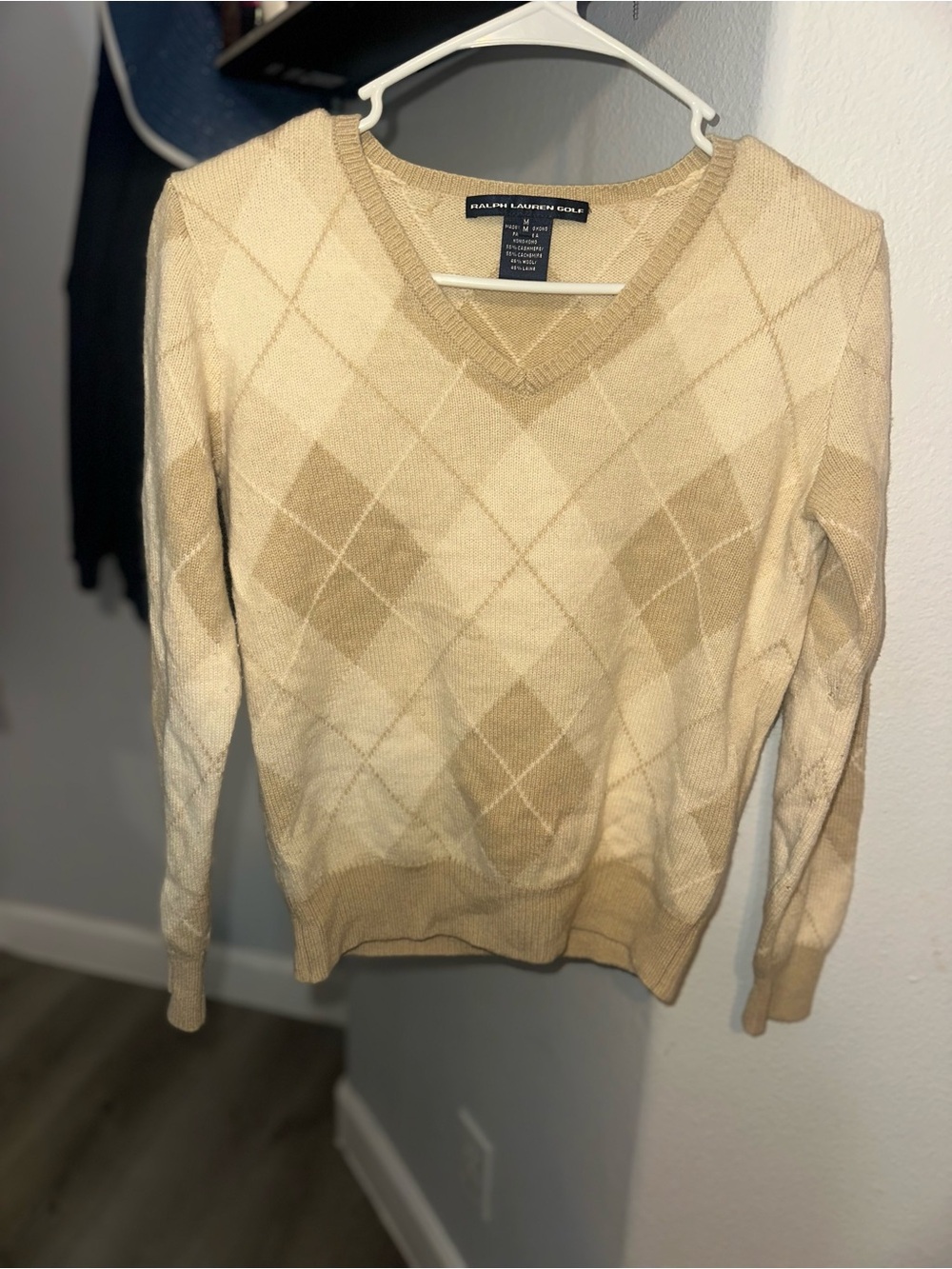Ralph Lauren Cashmere Wool Tan Argyle V-Neck Sweater -